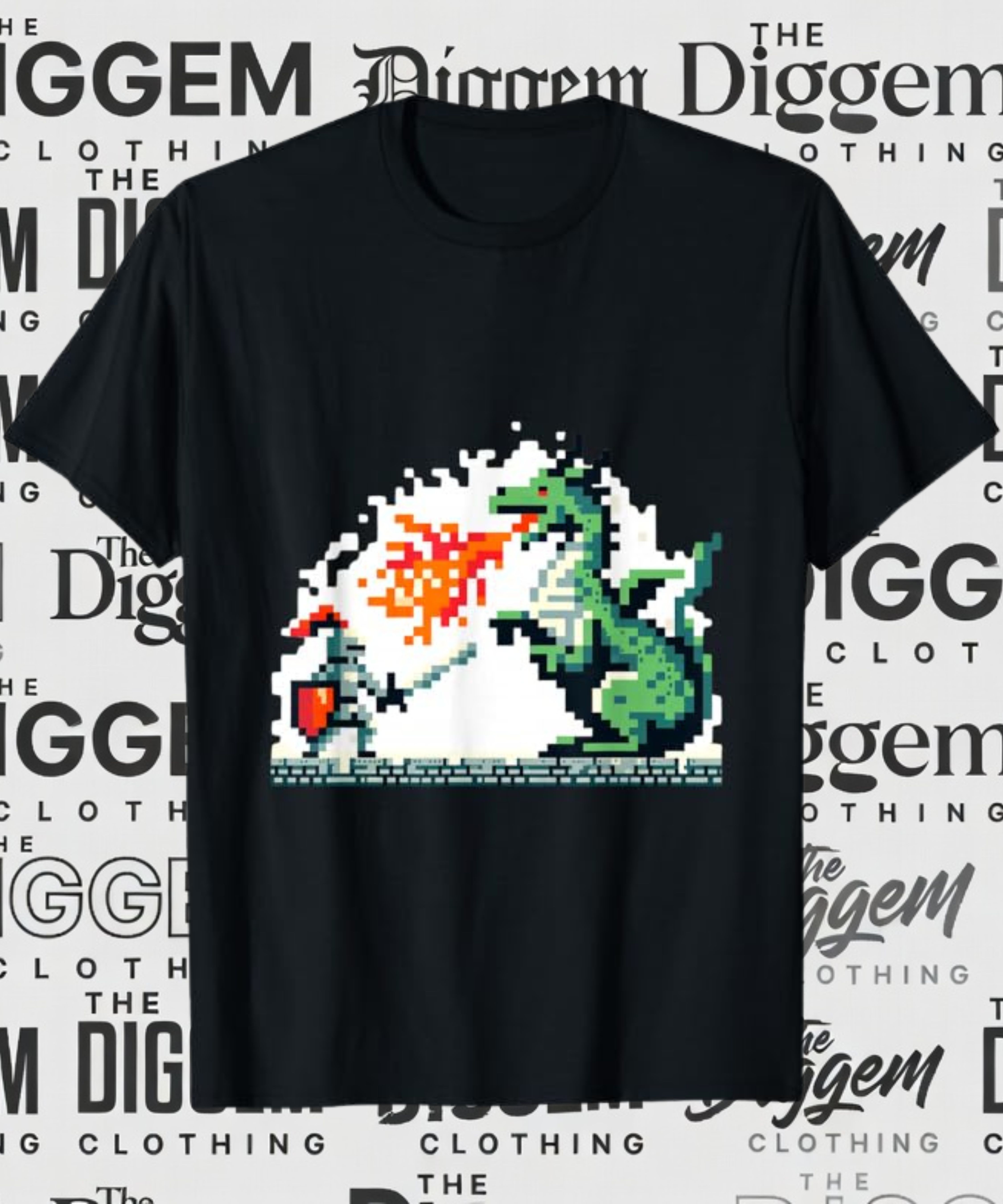 Pixel art dragon and knight tee