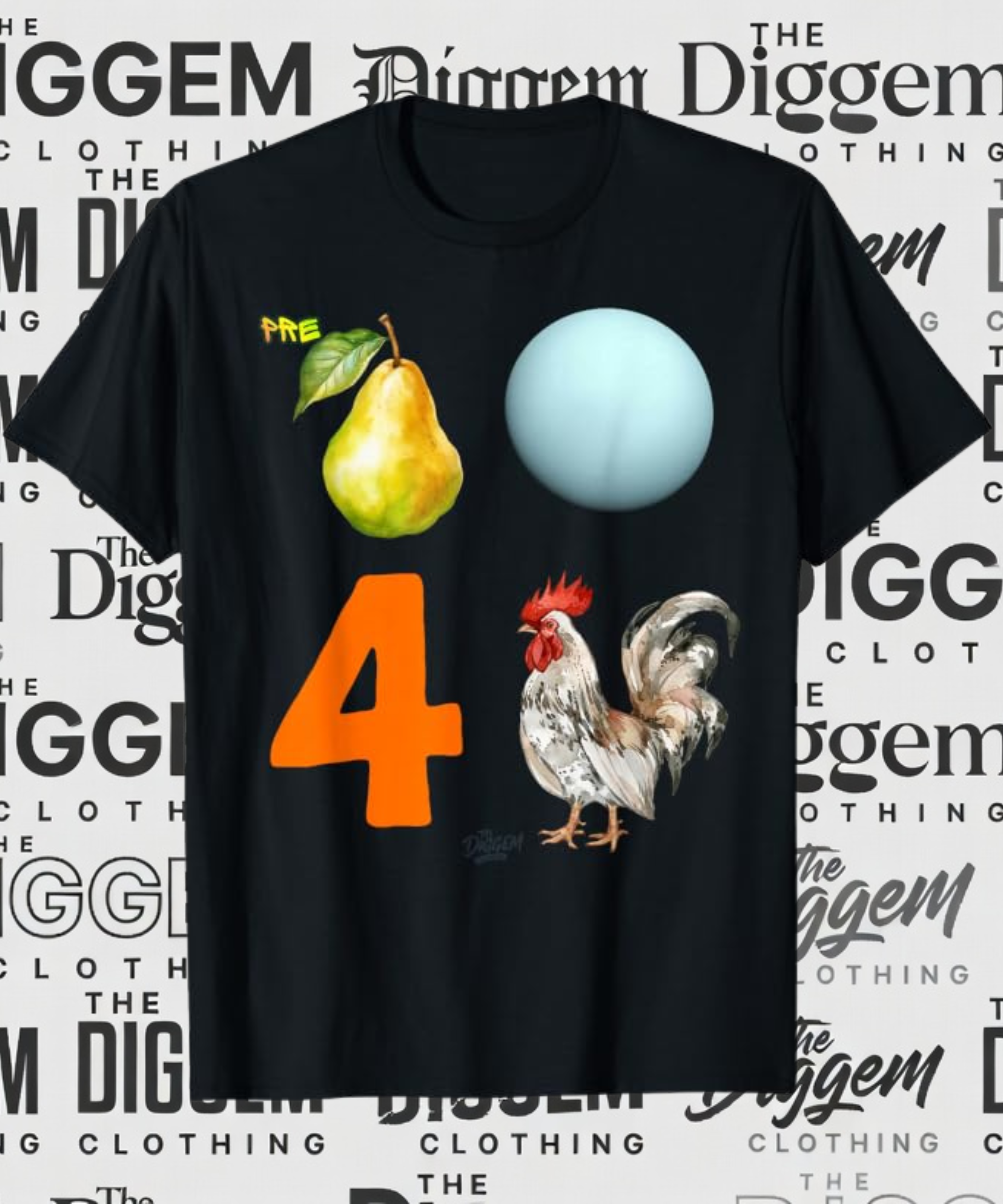 Rebus puzzle tee with pear, planet, number 4, and rooster